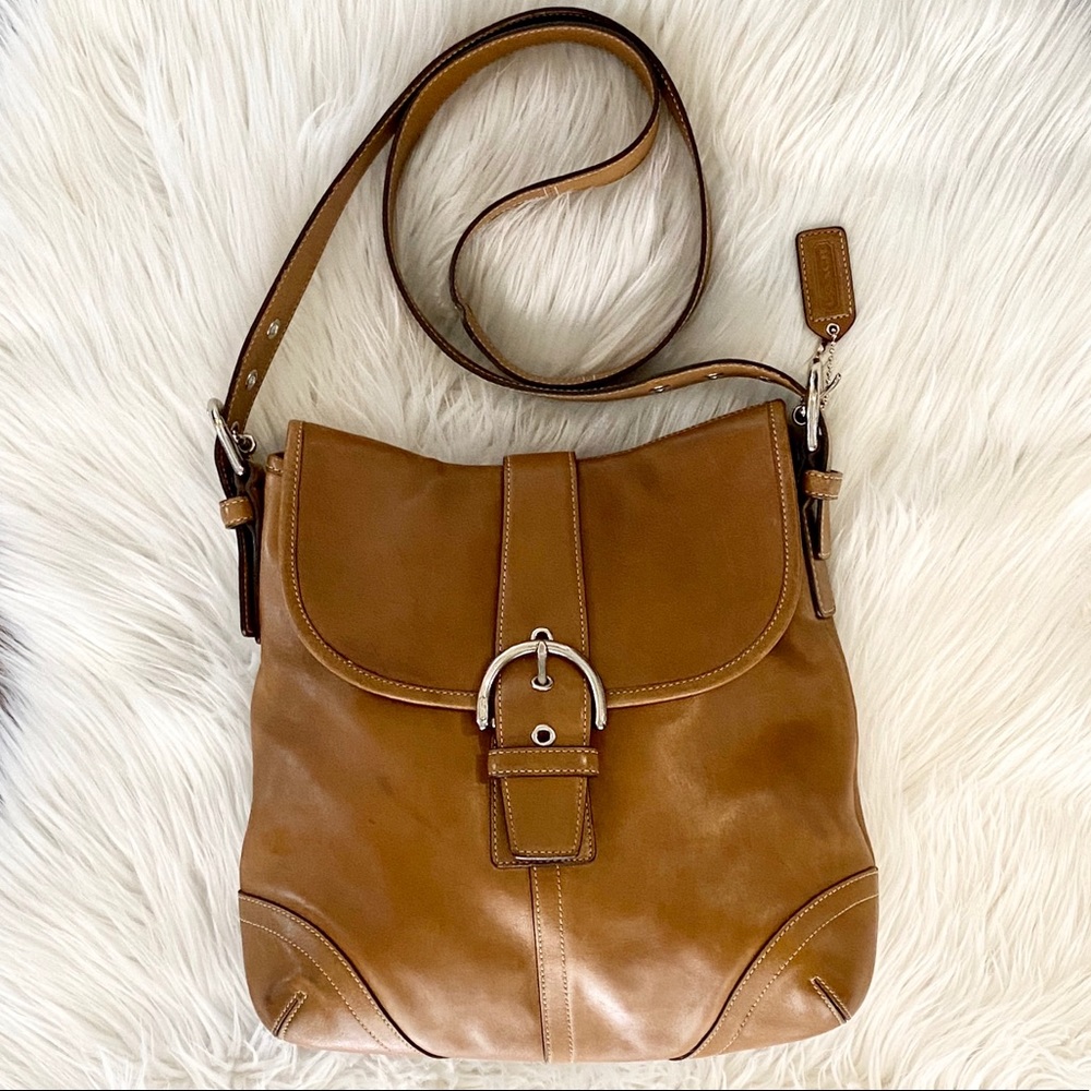 Coach Leather Tan Brown Crossbody Flap Front Hobo Purse Bag